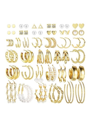 36-Piece Women&rsquo;s Fashion Earrings Set &ndash; Mixed Hoop, Stud &amp; Dangle Styles (Gold Tone)