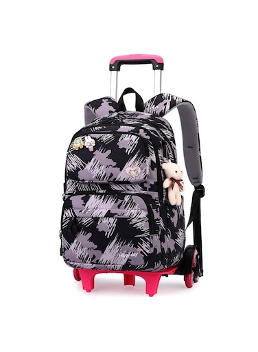 Children's Rolling Trolley Backpack with Brushstroke Design and Plush Toy