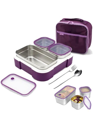 Stainless Steel Lunch Box for Kid School,Insulated Bento Lunch Box with Tableware &amp; Bag,720ML 3 Compartment Divided Lunch Containers with Lids,Leakproof   BFA Free   Dishwasher Safe (Purple)