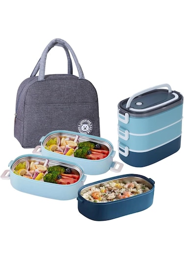 Stainless Steel Lunch Box Insulated Bento Box Multifunctional Containers Food Containers with 2 Compartments,Tableware, Nylon insulation bag (1.9L Blue)