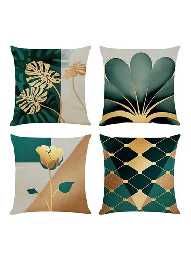 of 4 Decorative Cushion Covers 45 x 45 cm Leaf Design in Gold and Teal for Modern Living Room and Outdoor Garden
