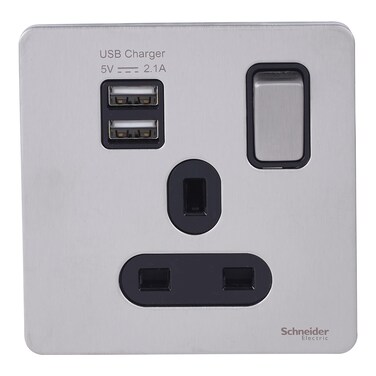 Schneider Electric Ultimate Screwless Flat Plate - 13A Double Pole Switched Single Power Socket with 2.1 A USB Charging Ports, Stainless Steel with Black Insert -GGBGU34102USBABSS