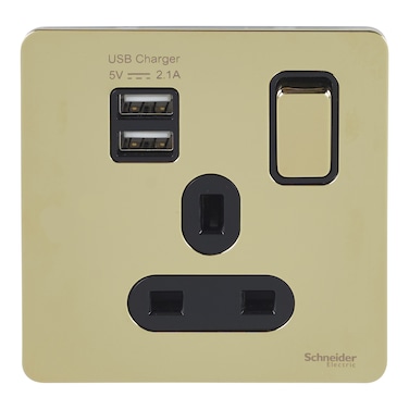 Schneider Electric Ultimate Screwless Flat Plate - 13A Double Pole Switched Single Power Socket with 2.1 A USB Charging Ports, Polished Brass with Black Insert -GGBGU34102USBABPB