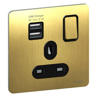 Schneider Electric Ultimate Screwless Flat Plate - 13A Double Pole Switched Single Power Socket with 2.1 A USB Charging Ports, Antique Brass with Black Insert -GGBGU34102USBABAB