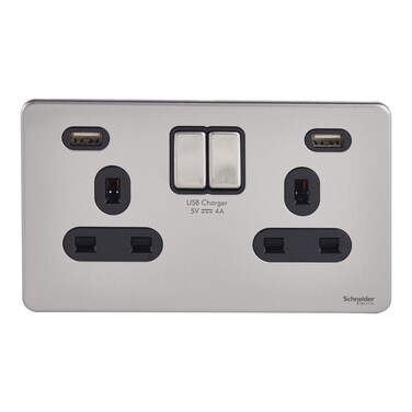 Schneider Electric Ultimate - Stainless Steel Double Power Socket with 2 USB Ports, 13A, Stainless Steel with Black Insert (Model: GGBGU3424DBSS)