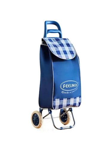 FEELINGS Folding Essential Shopping Trolley in Blue Checks   Fabric Luggage Bag   Shopping Cart   Portable Trolley Foldable With Wheels for Grocery, Fruits, Vegetables