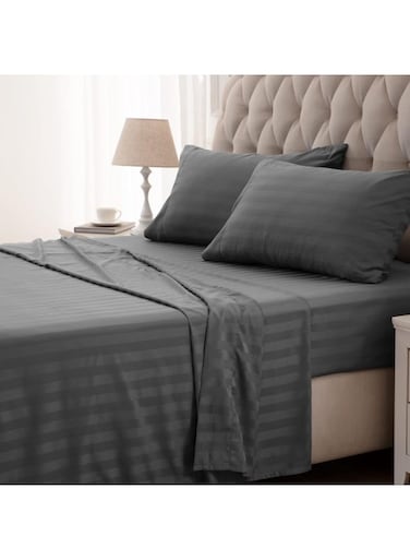 3-Piece Grey Cotton Bed Sheet Set &acirc;&euro;&ldquo; Ultra Soft Flat Sheet &amp; Pillowcases with Striped Design, Breathable &amp; Comfortable for Home or Hotel (Single/Double)