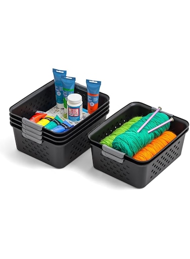 Iris Ohyama USA USA Plastic Storage Basket, 6-Pack, Medium, Shelf Basket Organizer for Pantries, Kitchens, Cabinets, Bedrooms, Black