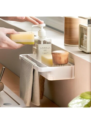 Adhesive Sink Caddy,Waterproof Rustproof ABS Kitchen Sink Organizer Sponge Holder, 2 Hooks + Dish Cloth Rod + Big Capacity Rack + Removable Drain Tray