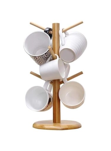 Bamboo Coffee Mug Tree,Mug Rack, Coffee Cup Holder for Countertop, Wooden Coffee Cup Holder Stand, Coffee Mug Holder with 6 Hooks