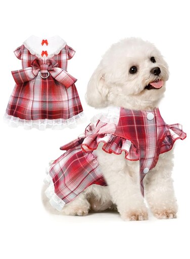 KASTWAVE Plaid Dog Dress for Small Dogs Cats Bowknot Girl Dog Clothes with D-Ring Cute Princess Pet Puppy Dresses Spring Summer Pet Outfits for Chihuahua Yorkies Shih Tzu（Medium）