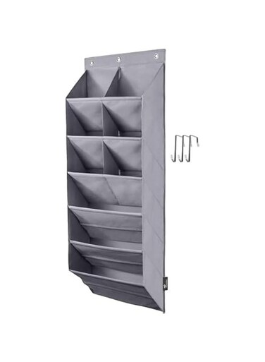 Over the Door Shoe Organizer,Hanging Shoe Organizer Rack,12 Large Pockets and 2 Larger Storage Various Compartments with 3 Hooks, Home Accessories, Grey (14 Pockets)