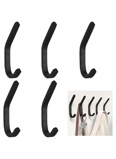 5 Pack Wall Hooks for Hanging Coat - Black Double Hooks with Max Weight Capacity of 50 LB, Coat Hooks Wall Mount, Suitable for Bathroom, Entryway and Closet,Wall Mounted Coat Rack
