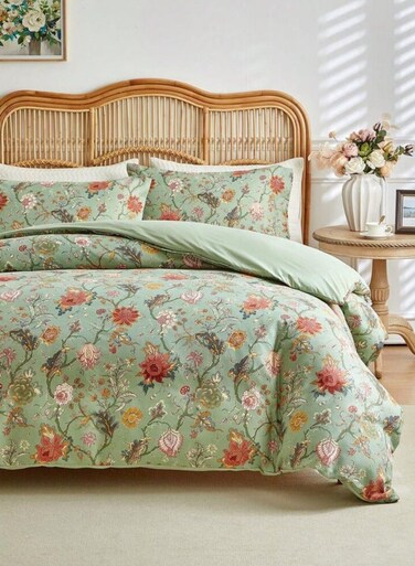 Home Queen Size 6 Pieces, Reversible Style Duvet Cover Set, Roses Design Khaki Color.