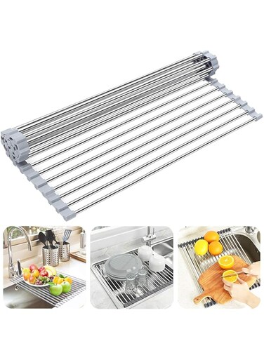 Searik Roll up Dish Drying Rack, Over The Sink Rolling Dish Drainer Rack Multipurpose Foldable Kitchen Stainless Steel Dish Rack Sink Drying Rack for Kitchen Sink Counter (17"x 15.7")