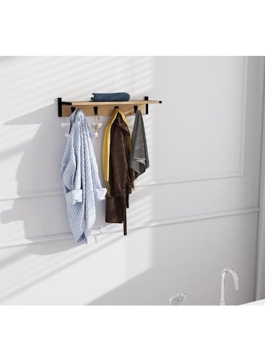 HOME Riyan Wall Shelf with Hooks - Stylish Walnut/Black Living Room Decor, Engineered Wood &amp; Metal, Ideal for Organizing &amp; Displaying, Size: L63xW20xH12cm