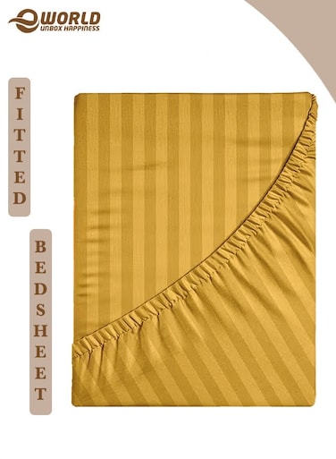 Gold Striped Microfiber Fitted Bedsheet with Deep Pocket for a Snug Fit, Breathable, Machine Washable for Optimal Protection, Available in King, Queen and Single Sizes, Without Pillow Cover