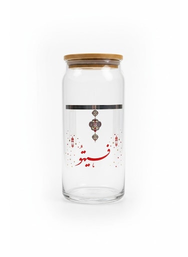Ramadan Glass Tumbler with Straw and Lid, Glass Cup with Straw, 550 ML Capacity - Red