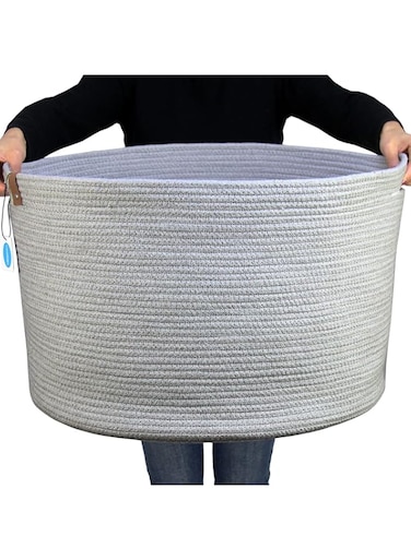 Casaphoria XXXLarge Cotton Rope Basket for Living Room - Woven Storage Basket with Handle for Blankets, Towels and Pillows Laundry Hamper   Dark Grey (21" x 21" x 13.8")