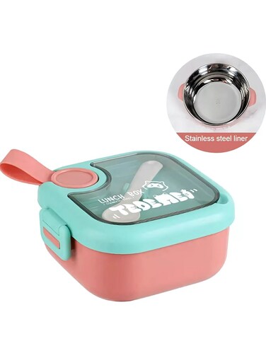 Lunchmate Kids Cereal Lunch Box with Stainless Steel Bowl, Spoon and Plastic Scissors - Double Decker BPA Free Clip Lock Leakproof Spill proof - 2 Compartment Design 750ml (Pink)