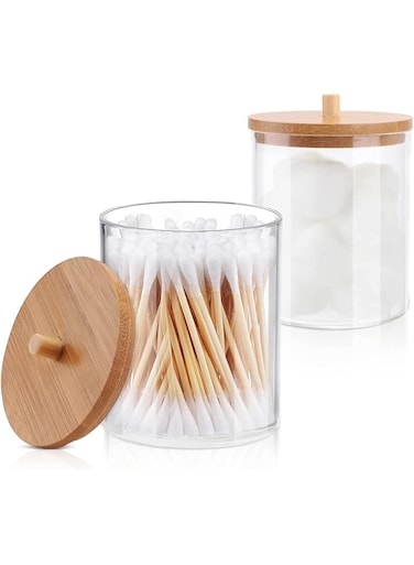 KASTWAVE Acrylic Qtip Holder &amp; Bathroom Dispenser - Perfect for Cotton Balls, Swabs, Pads &amp; Dental Floss (Set of 2) - Stylish Bathroom Storage Solution