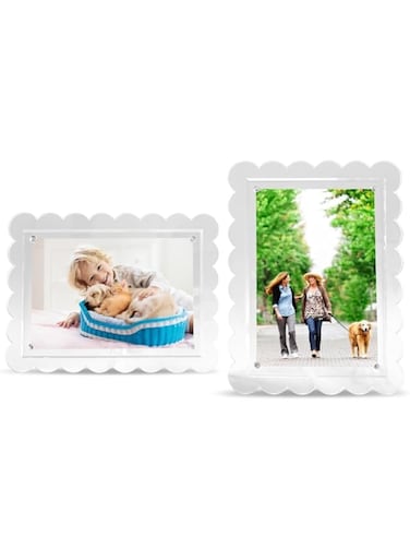 5x7 Acrylic Clear Scalloped Photo Frame with Magnetic Tabletop Display (2 Pack), Horizontal or Vertical Display for High Definition Minimalist Pictures.