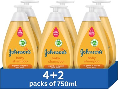 Johnson's Baby Shampoo, No More Tears, Gentle, Free From Dyes, Parabens, Phthalates, Sulphates and Alcohol, 750ml Pack of 4 + 2 Free