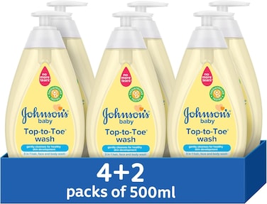 Johnson's Baby Top-To-Toe Wash Hair, Face &amp; Body Wash for Babies &amp; Toddlers, Gently Cleanses for Healthy Skin Development, 500ml Pack of 4 + 2 Free