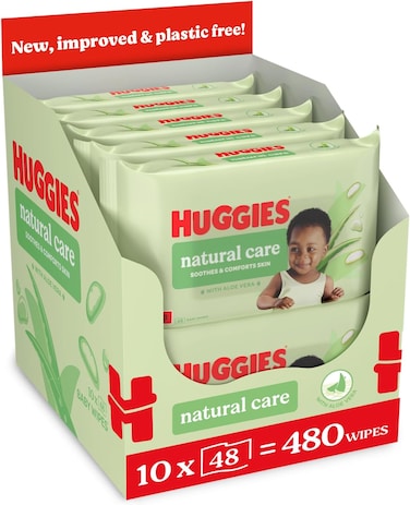Huggies Natural Care Baby Wipes - Pack of 10 (480 Wipes), Plastic Free Wet Wipes with Aloe Vera &amp; Vitamin E, Hypoallergenic, Comfort and Soothe Baby's Delicate Skin