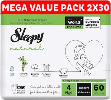 Sleepy Natural Size 4, 7-14kg Hypoallergenic Baby Dry Diapers, Organic Cotton, Highly Absorbent, Bamboo Extract, Ultimate Comfort and Dryness, 100% Leakage Protection (4, 60, Count)
