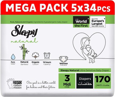 Sleepy Natural Size 3 (Newborn), 170 Count, 4-9kg Hypoallergenic Baby Dry Diapers, Organic Cotton, Highly Absorbent, Bamboo Extract, 5x34 Ultimate Comfort and Dryness, 100% Leakage Protection