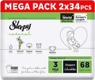 Sleepy Natural Size 3, 4-9kg Hypoallergenic Baby Dry Diapers, Organic Cotton, Highly Absorbent, Bamboo Extract, Ultimate Comfort and Dryness, 100% Leakage Protection (3, 68, Count)