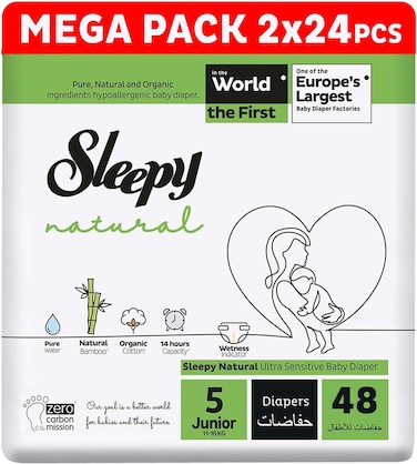 Sleepy Natural Size 5 (Newborn), 48 Count, 11-18kg Hypoallergenic Baby Dry Diapers, Organic Cotton, Highly Absorbent, Bamboo Extract, 2x24 Ultimate Comfort and Dryness, 100% Leakage Protection