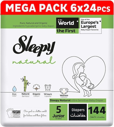 Sleepy Natural Size 5, 11-18kg Hypoallergenic Baby Dry Diapers, Organic Cotton, Highly Absorbent, Bamboo Extract, Ultimate Comfort and Dryness, 100% Leakage Protection (5, 144, Count)