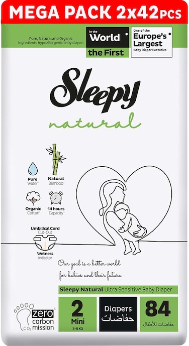 Sleepy Natural Size 2 (Newborn), 84 Count, 3-6kg Hypoallergenic Baby Dry Diapers, Organic Cotton, Highly Absorbent, Bamboo Extract, 2x42 Ultimate Comfort and Dryness, 100% Leakage Protection
