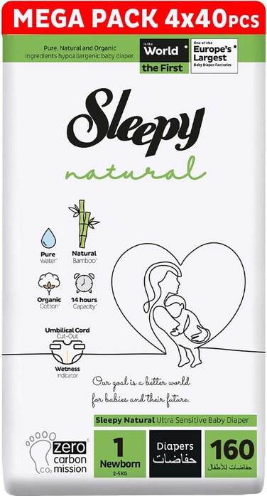 Sleepy Natural Size 1 (Newborn), 160 Count, 4x40 Absorption for Ultimate Skin Protection Premium Diapers, Plant-Based Sustainable Baby Dry Diaper 2-5kg, 100% Leakage Protection