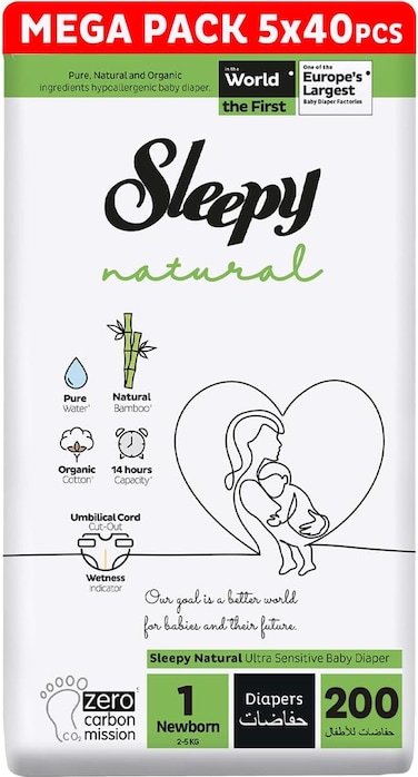 Sleepy Natural Size 1 (Newborn), 200 Count, 5x40 2-5kg Hypoallergenic Baby Dry Diapers, Organic Cotton, Highly Absorbent, Bamboo Extract, Ultimate Comfort and Dryness, 100% Leakage Protection