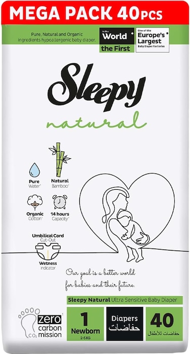 Sleepy Natural Size 1 (Newborn), 40 Count, Absorption for Ultimate Skin Protection Premium Diapers, Plant-Based Sustainable Baby Dry Diaper 2-5kg, 100% Leakage Protection