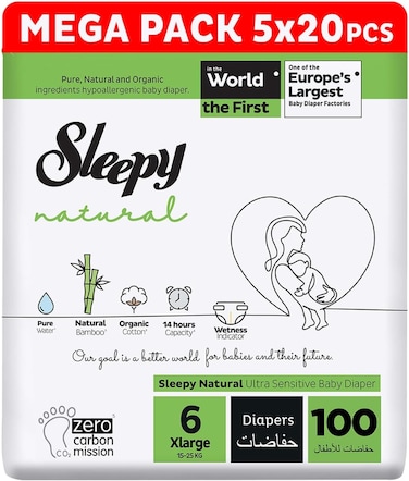 Sleepy Natural Size 6, 15-25kg Hypoallergenic Baby Dry Diapers, Organic Cotton, Highly Absorbent, Bamboo Extract, Ultimate Comfort and Dryness, 100% Leakage Protection (6, 100, Count)