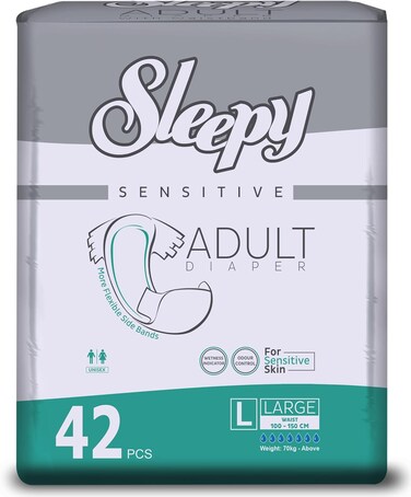Sleepy Hypoallergenic 42 Adult Diapers, Size - Large, Unisex Diapers for Sensitive Skin, Odour Control Diapers Wetness Comfortable &amp; Adjustable, 100-150cm 3x14