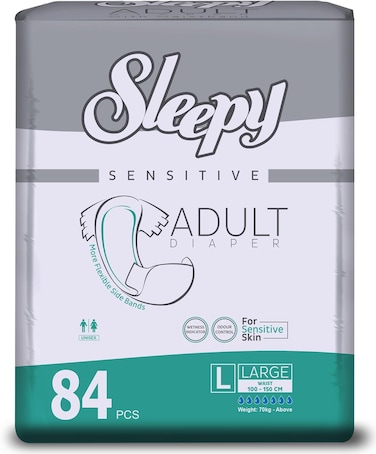 Sleepy Hypoallergenic 84 Adult Diapers, Size - L, Unisex Diapers for Sensitive Skin, Odour Control Diapers Wetness Comfortable &amp; Adjustable, 100-150cm 6x14