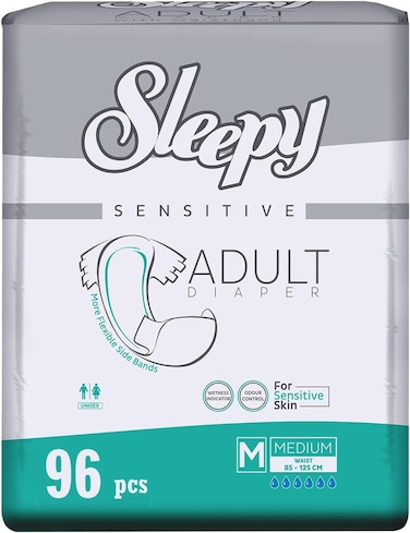 Sleepy Hypoallergenic 96 Adult Diapers, Size- Medium, Unisex Diapers for Sensitive Skin, Odour Control Diapers, Wetness Comfortable &amp; Adjustable, 85-125cm 6x16