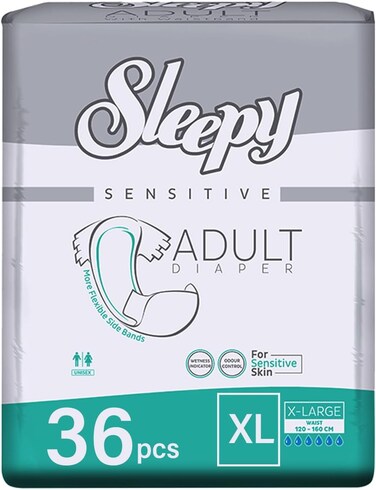 Sleepy Hypoallergenic 36 Adult Diapers, x-Large, Unisex Diapers for Sensitive Skin, Odour Control Diapers Wetness Comfortable &amp; Adjustable, 120-160cm 12x3