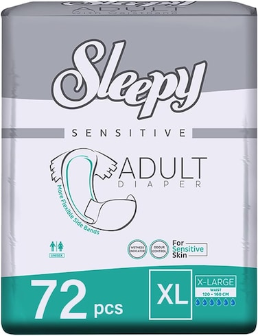 Sleepy Hypoallergenic 72 Adult Diapers, x-Large, Unisex Diapers for Sensitive Skin, Odour Control Diapers Wetness Comfortable &amp; Adjustable, 120-160cm 6x12