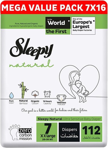 Sleepy Natural Size 7, 20-30kg Hypoallergenic Baby Dry Diapers, Organic Cotton, Highly Absorbent, Bamboo Extract, Ultimate Comfort and Dryness, 100% Leakage Protection (7, 112, Count)
