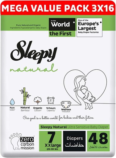 Sleepy Natural Size 7, 48 Count, 20-30kg Hypoallergenic Baby Dry Diapers, Organic Cotton, Highly Absorbent, 3x16 Bamboo Extract, Ultimate Comfort and Dryness, 100% Leakage Protection