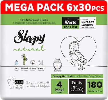 Sleepy Natural Pants Size 4, Ultimate Comfort, Superior Absorbency, Eco-Friendly, Hypoallergenic (4, 180, Count)