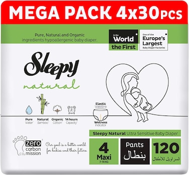 Sleepy Natural Pants Size 4, 120 Count, (4x30) Ultimate Comfort, Superior Absorbency, Eco-Friendly, Hypoallergenic