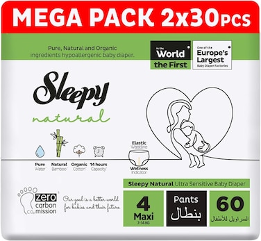 Sleepy Natural Pants Size 4, 60 Count, (2x30) Ultimate Comfort, Superior Absorbency, Eco-Friendly, Hypoallergenic