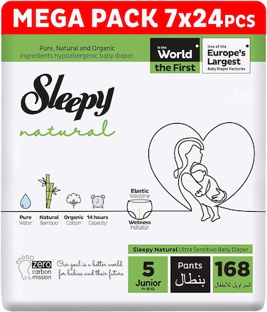 Sleepy Natural Pants Size 5, Ultimate Comfort, Superior Absorbency, Eco-Friendly, Hypoallergenic (5, 168, Count)
